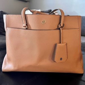 TORY BURCH ROBINSON DOUBLE ZIP TOTE HANDBAG - BROWN GENUINE LEATHER